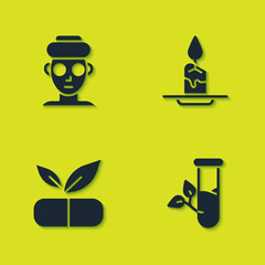 Sticker - Set Facial cosmetic mask, Laboratory glass and leaves, Medical pill with plant and Aroma candle icon. Vector