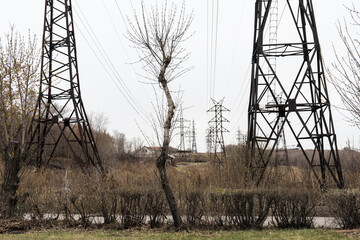 Electric city pole with gray sky and bare tree branches. High voltage pole.