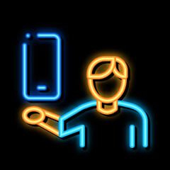 Wall Mural - Man Hold Phone neon light sign vector. Glowing bright icon Man Hold Phone sign. transparent symbol illustration