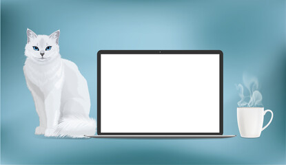 Vector mock up realistic laptop with blank screen display and white cat and coffee cup near a computer. Template for your design with modern mobile laptop and blank copy space isolated on light backgr
