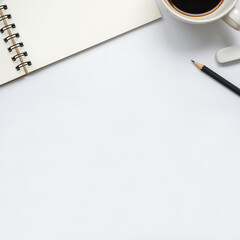 Wall Mural - open blank notebook with cup of coffee, pencil and eraser on white background, copy space for text, 