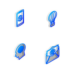 Poster - Set Isometric line Hot air balloon, Smartphone with dollar, Head hunting concept and Mail and e-mail icon. Vector