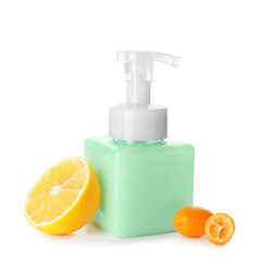 Bottle of natural cosmetics with citrus fruits on white background