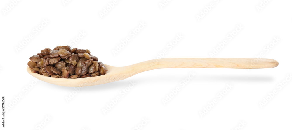 Spoon with tasty cooked lentils on white background