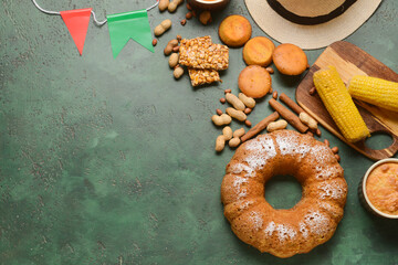 Traditional food for Festa Junina (June Festival) on color background