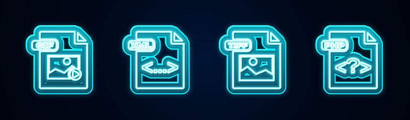 Set line GIF file document, XML, TIFF and PHP. Glowing neon icon. Vector
