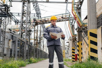 The energy engineer inspects the equipment of the substation. Power engineering. Industry