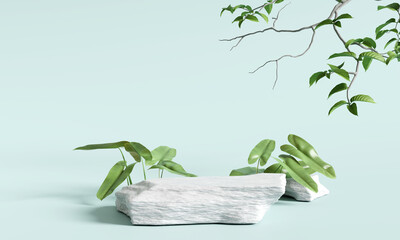 stone product display podium with nature leaves on blue background. 3d rendering