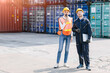 © Quality Stock Arts - logistic worker man and woman working team with radio control loading containers at port cargo to trucks for export and import goods.
