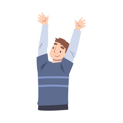 Sticker - Cheerful Boy Raising his Hands, Happy Male Person Having Fun or Celebrating Success Cartoon Vector Illustration