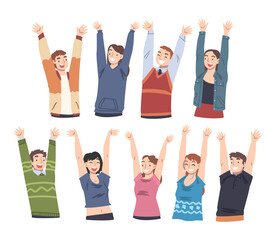 Poster - Set of Cheerful People Standing with their Arms Raised, Happy Young Women and Men Having Fun or Celebrating Success Cartoon Vector Illustration