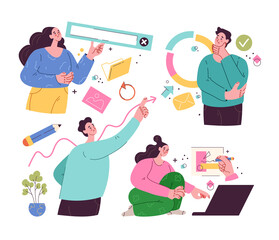 Wall Mural - people man woman characters doing business internet online activities. teamwork concept. vector flat
