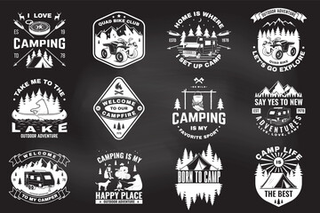 Wall Mural - set of summer camp badges on the chalkboard. vector. concept for shirt or logo, print, stamp or tee.