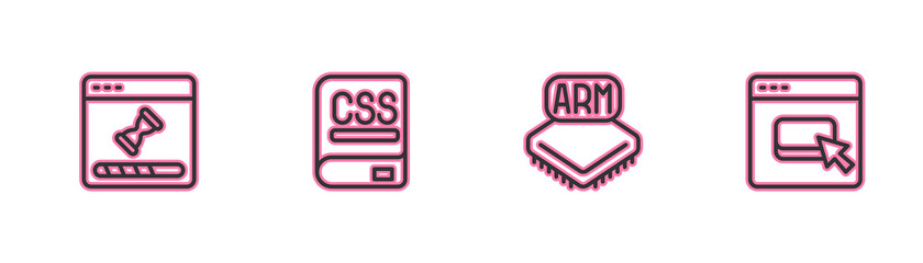 Set line Loading data window, Processor, Books about programming and Browser files icon. Vector