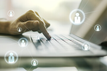 Double exposure of social network icons concept with hand typing on computer keyboard on background. Networking concept