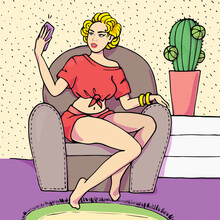Casual Woman Taking Selfie For Social Media At Home, Vector Illustration In Pop Art Style. Blonde Girl Video Chatting Or Live Streaming From Her Mobile Phone