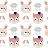 Cute kids vector seamless pattern with funny baby animals, fox and bunny, hare, rainbow, clouds, rain. Cartoon illustration for baby shower, nursery room decor, children design