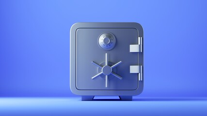 3d render, closed metallic safe box isolated on blue background. Frontal view. Banking safety clip art.