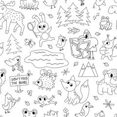 Wall Mural - Vector black and white seamless pattern with forest animals, insects and birds. Funny woodland campfire digital paper. Cute forest repeat outline background for kids with mountains, trees.