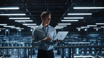 Fototapete - Portrait of IT Specialist Uses Laptop in Data Center. Server Farm Cloud Computing Facility with Male Maintenance Administrator Working. Cyber Security and Network Protection. Medium Tracking Shot