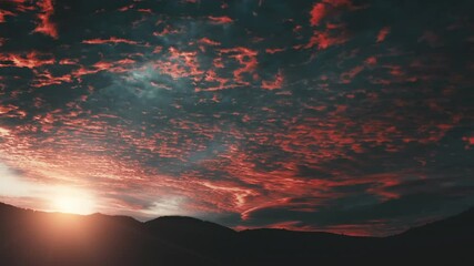 Canvas Print - Colorful sunset sky, multicolored clouds over the mountain range aerial. Sun set above wild nature landscape. Dramatic cloudy. Spruce trees forest on mounts top, hills. Cinematic drone shot