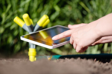 A gardener with a tablet using a smart garden application concept. Watering system. Electronic irrigation control.
