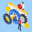 Isometric Business Process. Business team connect pieces of gears. Project planning, cooperation, workflow process, teamwork, business analysis, vision and scope, boost productivity