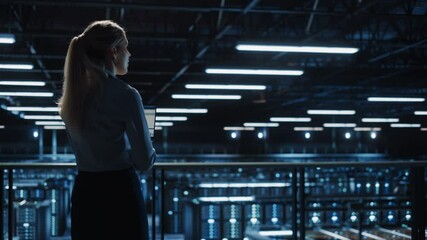 Fototapete - Data Center Professional Female e-Business Fintech Startup Manager Uses Laptop Computer. Cloud Computing Server Farm with Information Technology Professional Administrator Monitoring Statistics