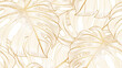 Vintage luxury seamless floral background with golden monstera leaves. Romantic pattern template for wall decor, wallpaper, wedding invitations, ceremonies, cards.