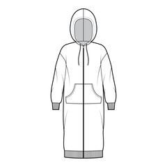 Wall Mural - Dress zip-up hoody technical fashion illustration with long sleeves, kangaroo pouch, rib cuff oversized body, knee length skirt. Flat apparel front, white color style. Women, men unisex CAD mockup