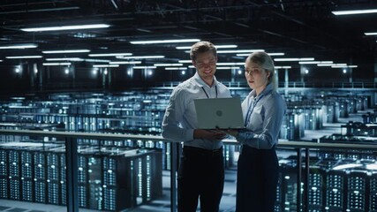 Leinwandbilder - Data Center Female e-Business Enrepreneur and Male IT Specialist talk, Use Laptop. Information Technology Engineer and System Administrator work in Big Cloud Computing Server Farm. Medium Wide Shot