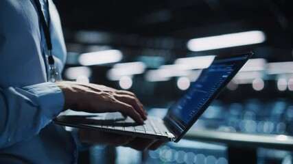 Fototapete - Data Center Programmer Using Digital Laptop Computer, Maintenance IT Specialist. Cloud Computing Server Farm System Administrator Working on Cyber Security for Iaas, saas, paas. Closeup Focus on Hands