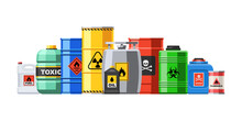 Different Container With Hazard Chemical Liquid In Row Line. Compressed Gas And Oil Safety Tank With Dangerous Radioactive Flammable Substance Vector Illustration Isolated On White Background