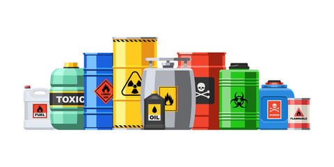 different container with hazard chemical liquid in row line. compressed gas and oil safety tank with