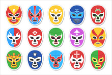 Lucha Libre Match Game, Luchador Mexican Face Head Mask Set. Mexican Man Costume For Traditional Folk Sport Entertainment And Fight Competition Vector Illustration Isolated On White Background
