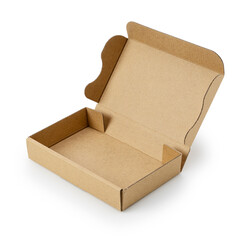 Wall Mural - A cardboard box with the lid open, placed on a white background.