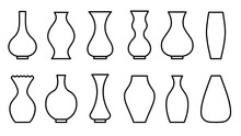 Vases Black Line Outline Symmetrical Vector Flat Set. Icons For Mobile Applications And Websites. Design Element, Decor Object. Stickers And Labels. For Posters, Banners, Advertisements, Logos.