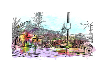 Building view with landmark of Grand Junction is a city in Colorado. Watercolor splash with hand drawn sketch illustration in vector.