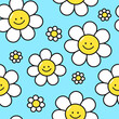 Cute funny smile flowers on blue background seamless pattern. Vector flat cartoon kawaii character illustration icon design. Positive smile flowers seamless pattern concept