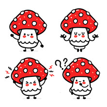 Cute Funny Happy Amanita Mushroom Set Collection. Vector Hand Drawn Cartoon Kawaii Character Illustration Icon. Isolated On White Background. Funny Amanita Mushroom Mascot Character Bundle Concept