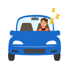 Young man sleeping while driving car in flat design on white background. Tired and fatigued driver concept.