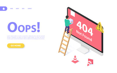 The concept of a web page with a 404 error. A man on the stairs is trying to restore a page of the site.
