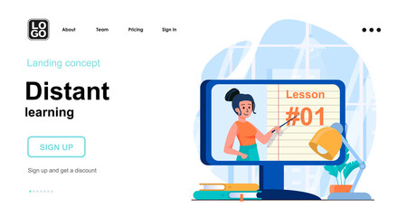 Distant learning web concept. Online training from computer. Teacher tells lecture in video lesson. Template of people scene. Vector illustration with character activities in flat design for website