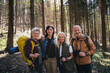 © Halfpoint - Group of seniors hikers outdoors in forest in nature, looking at camera.