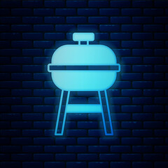 Sticker - Glowing neon Barbecue grill icon isolated on brick wall background. BBQ grill party. Vector