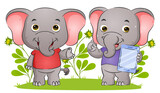 Fototapeta Pokój dzieciecy - The couple elephant is explaining and holding a tablet with the happy expression