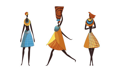 Wall Mural - Slender African Woman Wearing Traditional Tribal Clothing and Necklace Carrying Vase on Her Head Vector Set