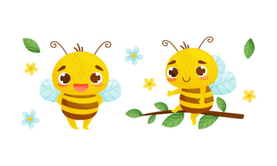 Poster - Cute Striped Bee Character with Yellow Body Flying and Sitting on Tree Branch Vector Set