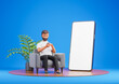 Cartoon beard character man seat on gray armchair on wooden podium with big white blank screen phone and use smartphone. Application presentation.