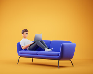 Wall Mural - Cartoon character man lying on the blue couch at yellow studio and work on laptop. Work at home concept.